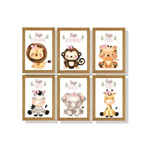 kit com 6 Placas decorativas safári menina borda amadeirada