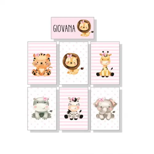 kit 6 Placas decorativas safári infantil + brinde placa nome