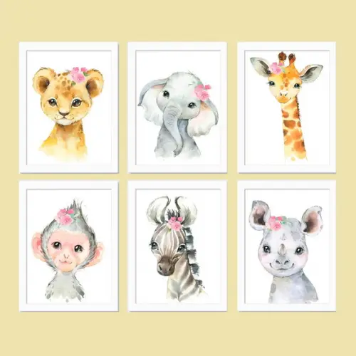 Kit 6 Placas decorativas safári menina flor em Mdf 20x30cm