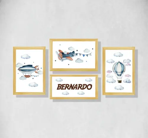 kit 4 Placas decorativas infantil avião em mdf
