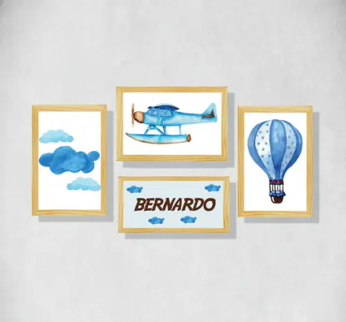 kit 4 Placas decorativas menino infantil avião em mdf