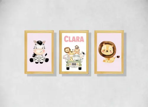 kit 3 Placas decorativas safari fundo coloido 20x30cm