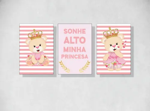 kit 3 Placas decorativas ursa princesa em mdf 20x30cm
