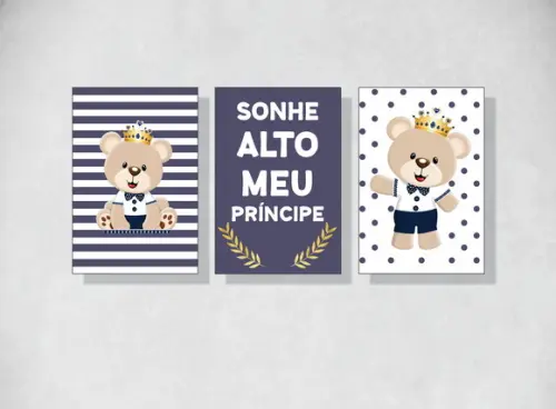kit 3 Placas decorativas urso príncipe azul em mdf 20x30cm