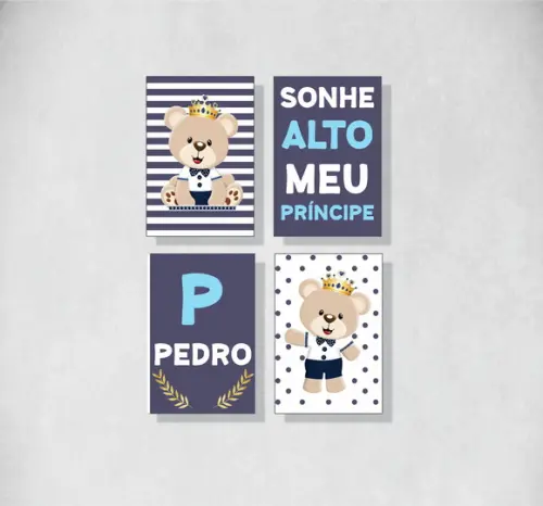kit com 4 Placas decorativas urso príncipe azul mdf 30x40cm
