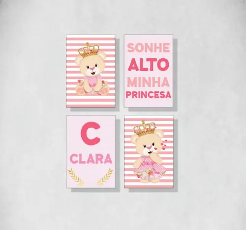 kit com 4 Placas decorativas ursa princesa rosa mdf 20x30cm