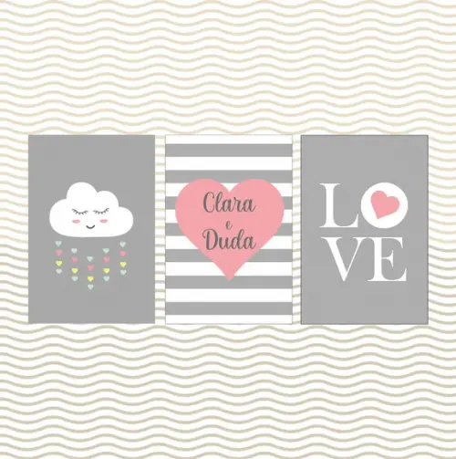 kit com 3 Placas decorativas infantil chuva de amor love
