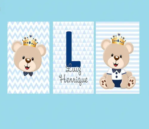 kit com 3 Placas decorativas infantil urso príncipe em mdf