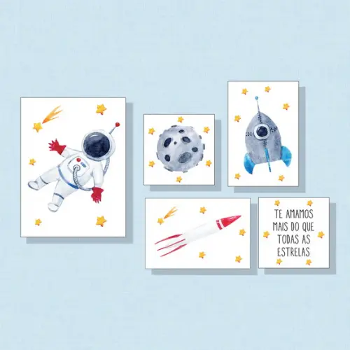 kit com 5 Placas decorativas astronauta foguete infantil mdf