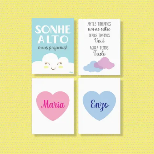 kit com 4 Placas decorativas sonhe alto meus pequenos nuvem