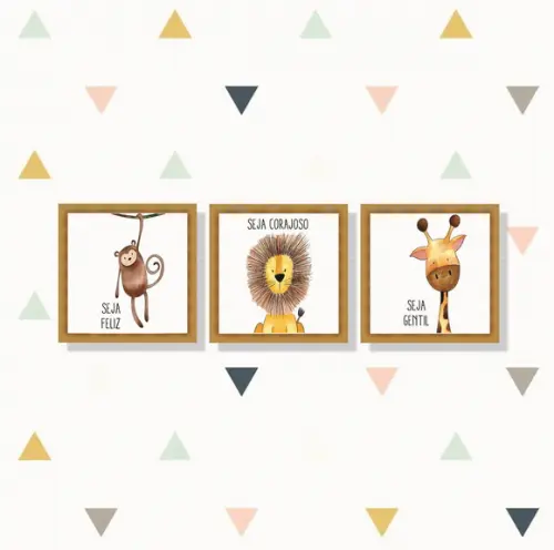 kit com 3 Placa decorativa Safari infantil em mdf 20x20cm