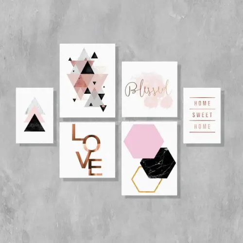 kit com 6 Placas decorativas geométricas rosa e rose gold