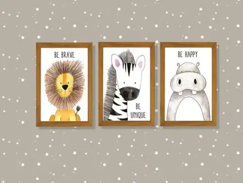 kit com 3 Placas decorativas safari infantil em mdf