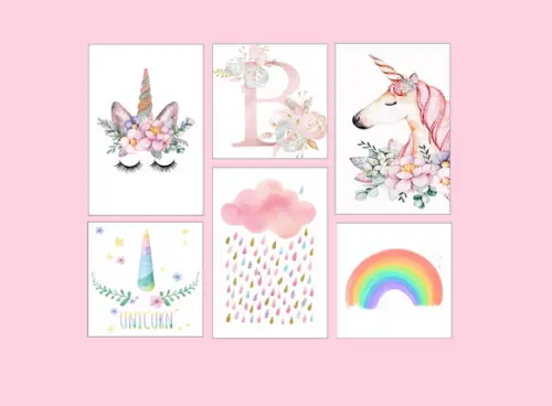 kit com 6 Placas decorativas unicórnio aquarela em mdf