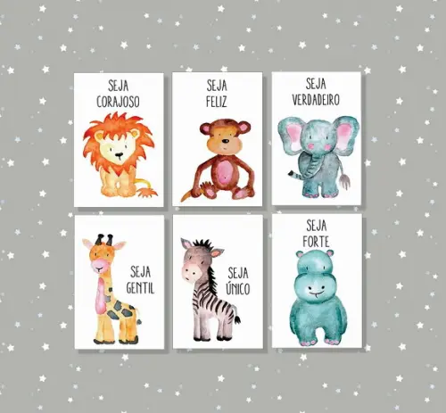 kit com 6 Placas decorativas safári aquarela em mdf 20x30cm