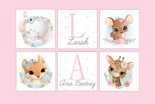 kit com 6 Placas decorativas safari infantil nomes em mdf