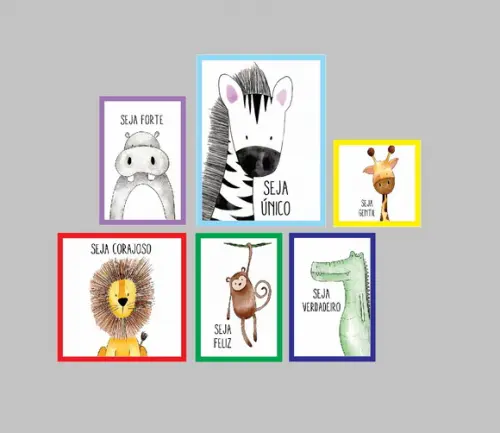 kit com 6 Placas decorativas safári infantil em mdf