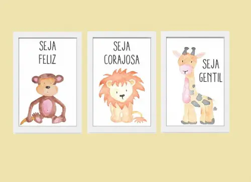 kit com 3 Quadros com moldura branca safari infantil 20x30