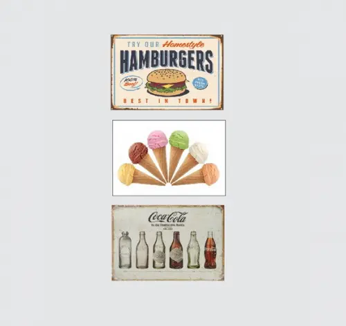kit 3 Placas decorativas Hambúrguer sorvete coca cola mdf