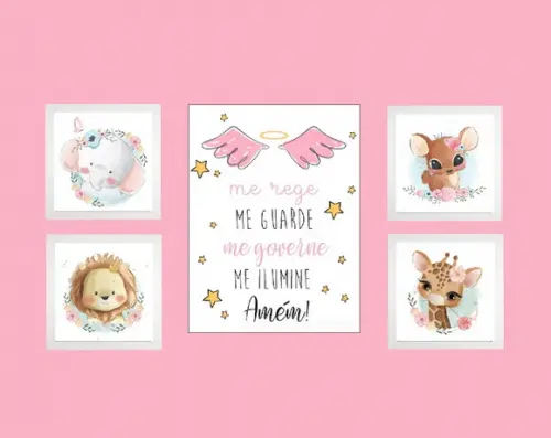 kit com 1 Placa decorativa e 4 quadros moldura safári