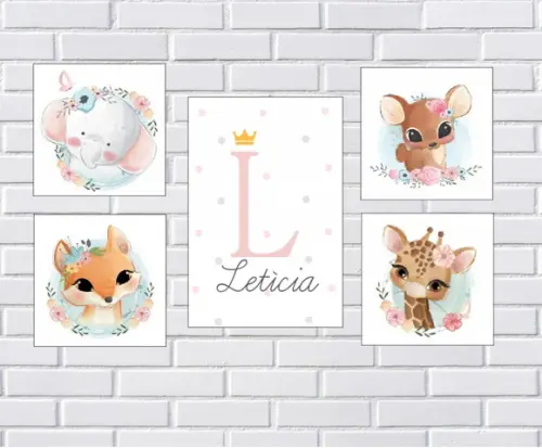 kit com 5 Placas decorativas safari baby nome em mdf