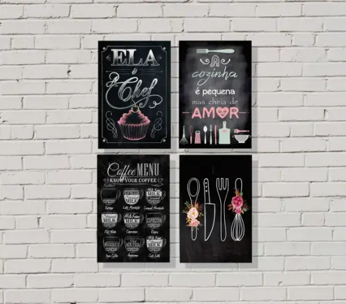 kit com 4 Placas decorativas cozinha quadro giz mdf 30x40cm