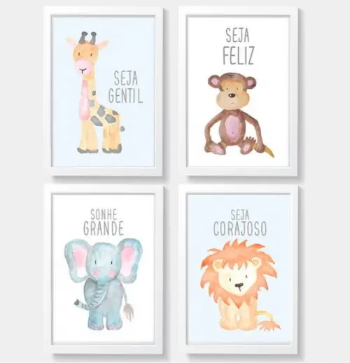 Kit com 4 Placa Decorativa safari infantil azul em mdf