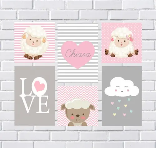 kit com 6 Placas decorativas infantil ovelha nuvem mdf