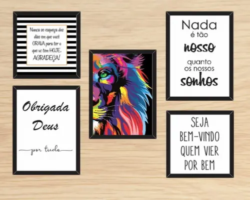 kit com 5 Placas decorativas leão de Judá frases em mdf