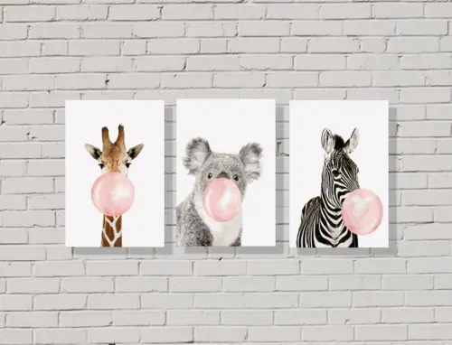 kit com 3 Placas decorativas Animais Chiclete mdf 30x40cm