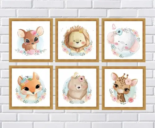 kit com 6 Placas decorativas safári baby em mdf 20x20cm