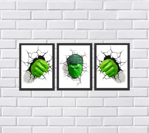 kit com 3 Placas decorativas super heróis Hulk em mdf