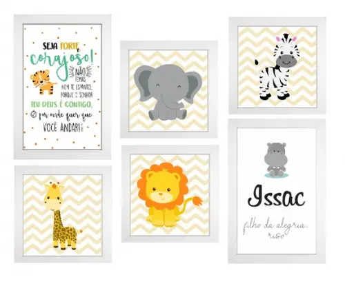 kit com 6 Placas decorativas safari infantil nome cores mdf