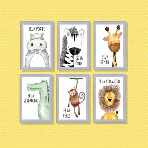 kit com 6 Placas decorativas safári borda cinza 20x30cm