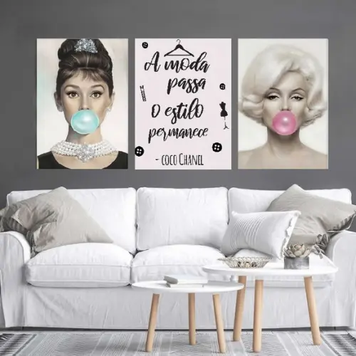 kit com 3 Placas decorativas Audrey e Marilyn 20x30cm