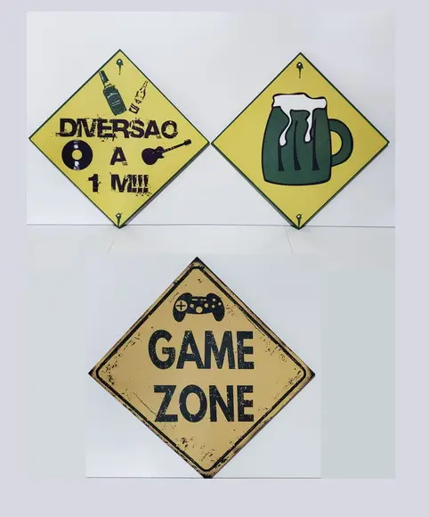 kit com 3 Placas decorativas bar bebidas game zone em mdf