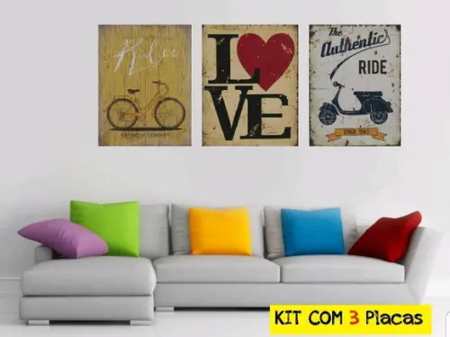 kit com 3 Placas decorativas love ride amor 30x40cm