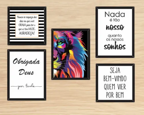 kit com 5 Placas decorativas frases leão de Judá em mdf