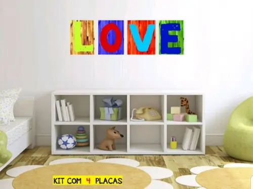 kit com 4 Placas decorativas love colorido 30x40cm