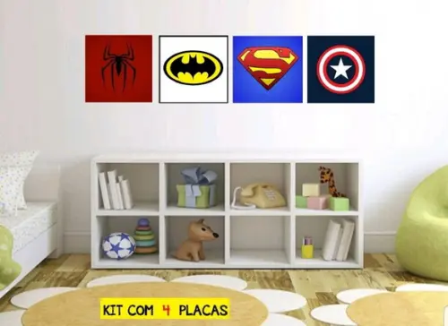 kit com 4 Placas decorativas heróis símbolos em MDF