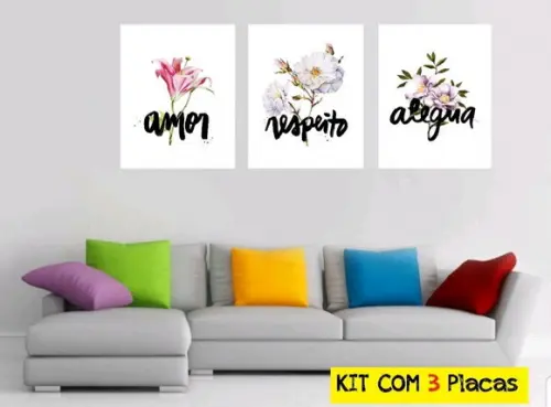 kit com 3 Placas Decorativas amor respeito alegria 20x30cm