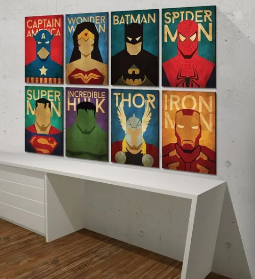 kit com 8 Placas decorativas super heróis em mdf 30x40cm