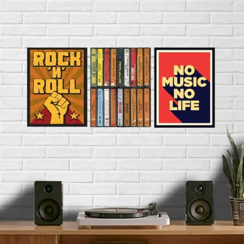 kit com 3 Placas Decorativas musica rock n roll em mdf