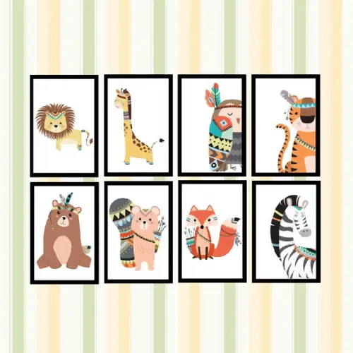 kit com 8 Placas decorativas infantil safári animais em MDF