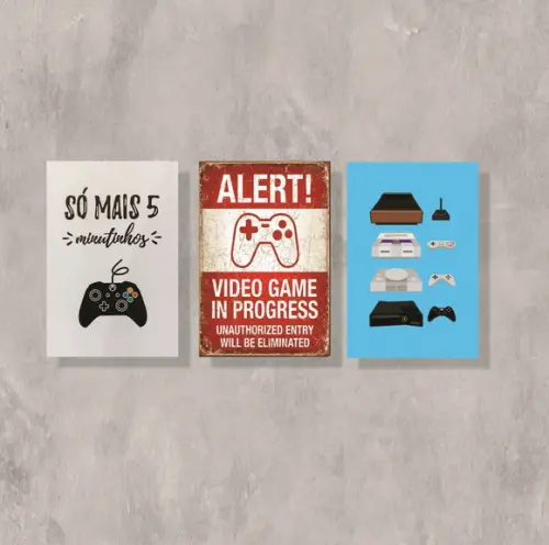 kit com 3 Placas decorativas game jogos vídeo game em mdf