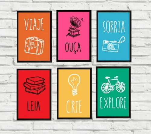 kit com 6 Placas decorativas viaje ouça sorria leia em mdf