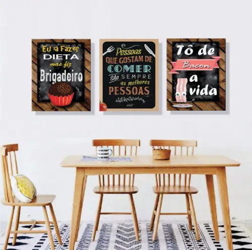 kit com 3 Placas decorativas cozinha frases em mdf 20x30cm
