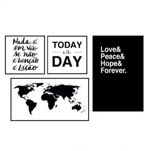 Placas decorativas mapa mundi e frases fundo preto e branco