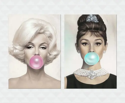Placas decorativas Marilyn e Audrey mascando chiclete em mdf
