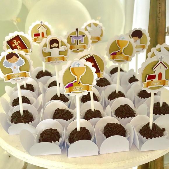 Kit Topper de Bolo + 20 Toppers Docinhos Primeira Comunhão